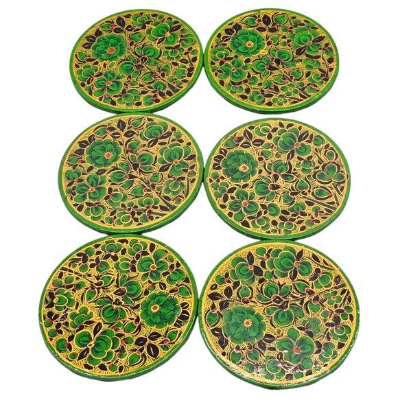 Paper Mache Green Floral Coaster Set Of 6 Storage Box Lacquered Hand Painted - Picture 5 of 15